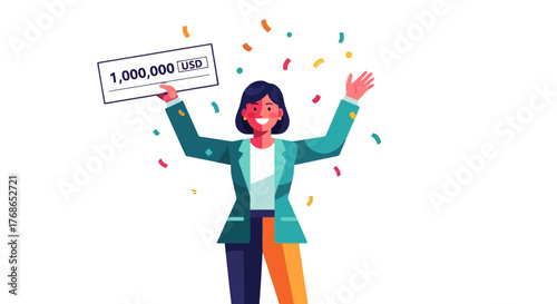 Woman Celebrating Financial Success Holding a Check For A Million Dollars Under Celebration