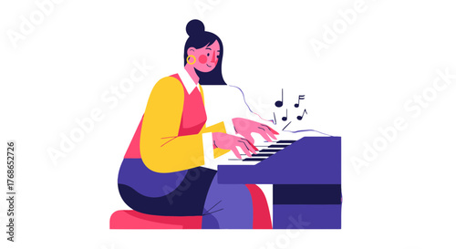 Woman Playing Piano In Vibrant Illustration Creating Melodies And Musical Notes