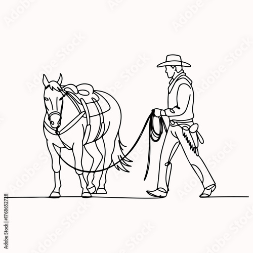 Continuous line art illustration of a cowboy leading a saddled horse, capturing western equestrian lifestyle