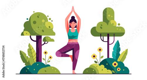 Woman Practicing Yoga With Nature Elements, Creating Inner Peace And Wellness