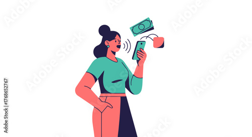Woman Communicates Financial Transactions via Smartphone Over Dark Background Illustration