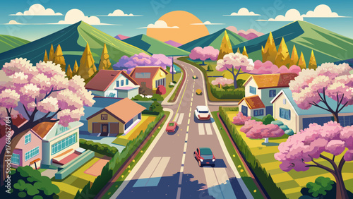 Very beautiful aerial tracking shot above an American suburban road lined with homes and blossoming trees in springtime, showcasing bright foliage, calm neighborhoods, and a peaceful seasonal atmosphe