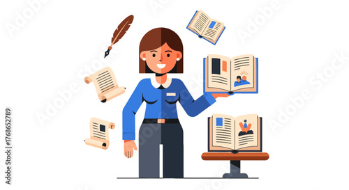 Woman Presenting Books and Scrolls against Black Background for Literary Illustration