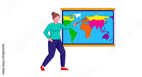 Woman Presenting A World Map In Vibrant Colors With A Wooden Pointer On A Black Background