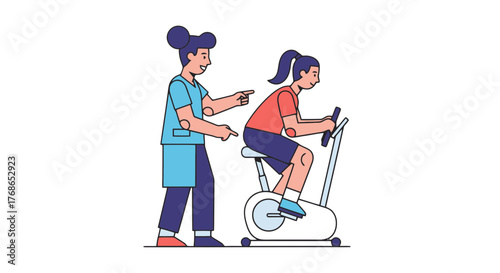 Woman Receiving Guidance on Stationary Bike Exercise to Enhance Physical Fitness and Overall Health