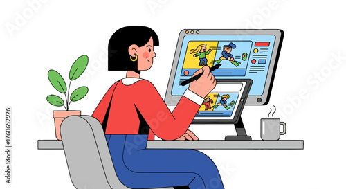 Woman Designing Animated Characters On Computer And Tablet In Modern Digital Workplace