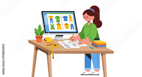 Woman Designing Clothes And Exploring Fashion Ideas on Computer for New Designs