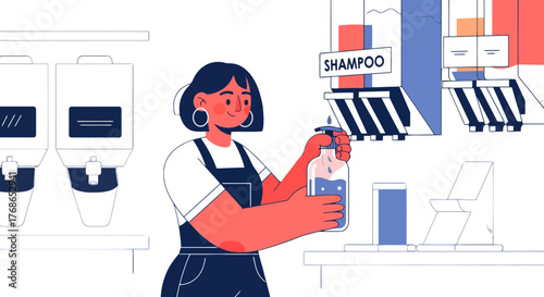 Woman Refilling Shampoo Bottle at Eco-Friendly Shop with Minimalist Illustrated Style