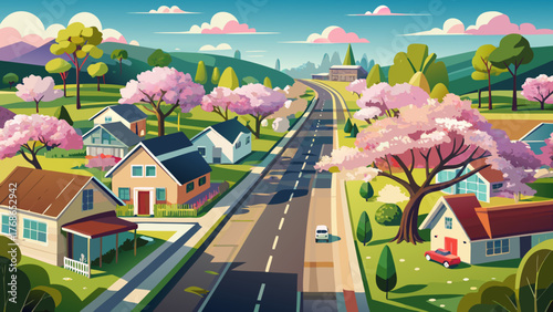 Very beautiful aerial tracking shot above an American suburban road lined with homes and blossoming trees in springtime, showcasing bright foliage, calm neighborhoods, and a peaceful seasonal atmosphe