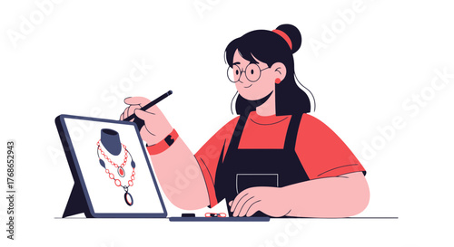 Woman Designing Jewelry on Tablet, Concept of Creative Design and Artistic Creation