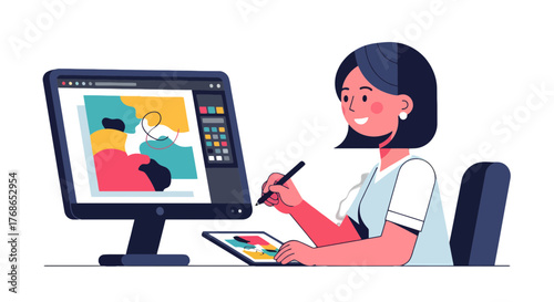Woman Designing on Desktop with Tablet in a Minimalist Style Illustration