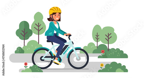 Woman Rides Bicycle In Park With Trees And Flowers In The Fresh Air
