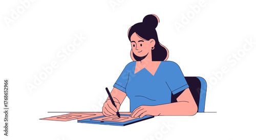Woman Designing on Digital Tablet in Modern Graphic Style at Her Work Desk
