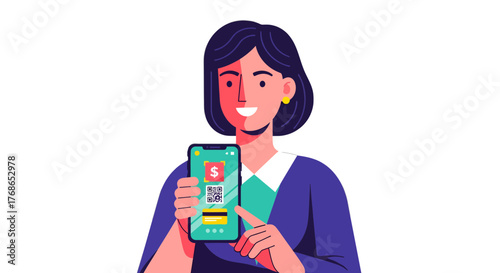 Woman Displays Online Payment Method Using Mobile Phone with QR Code for Swift Transactions