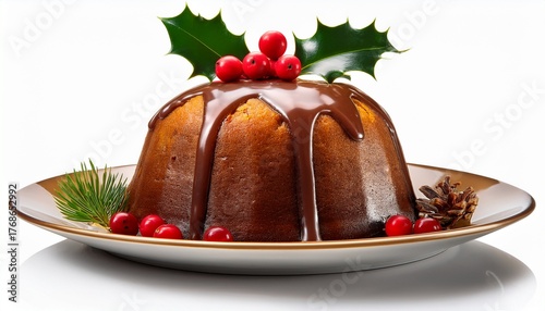 Christmas Pudding Garnished With Holly And Berries Isolated On Transparent Background