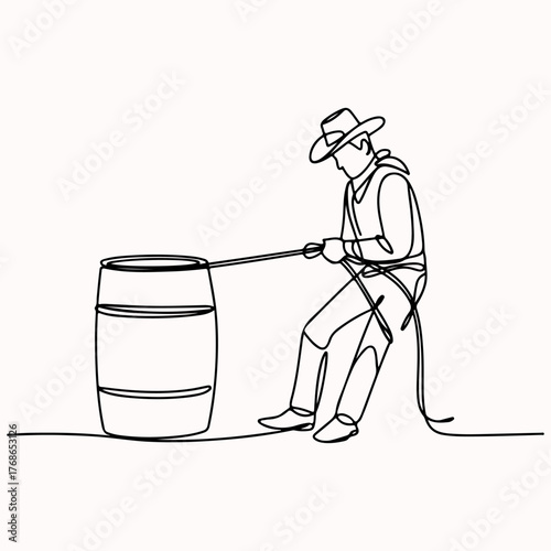 Dynamic continuous single line artwork featuring a determined cowboy pulling a rustic wooden barrel with a rope