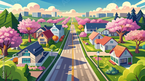 Very beautiful aerial tracking shot above an American suburban road lined with homes and blossoming trees in springtime, showcasing bright foliage, calm neighborhoods, and a peaceful seasonal atmosphe