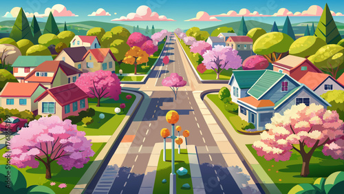 Very beautiful aerial tracking shot above an American suburban road lined with homes and blossoming trees in springtime, showcasing bright foliage, calm neighborhoods, and a peaceful seasonal atmosphe