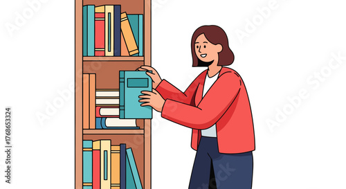 Woman Selecting a Book from a Library Shelf in a Depiction of Light and Shadow
