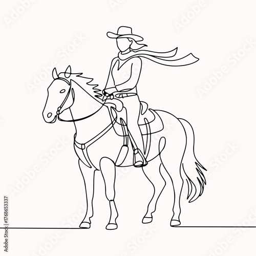 Cowgirl on Horseback Outline Equestrian Line Art Illustration
