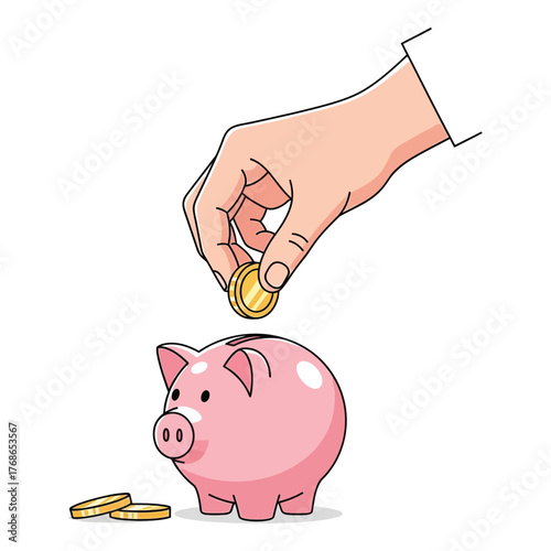 Hand putting a coin into a pink piggy bank vector illustration for savings and investment concepts isolated on white background