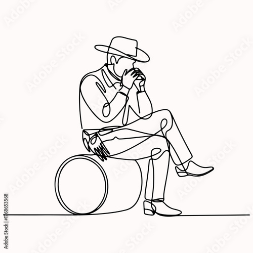 Continuous one line drawing of a western man playing a blues harp while sitting on a barrel