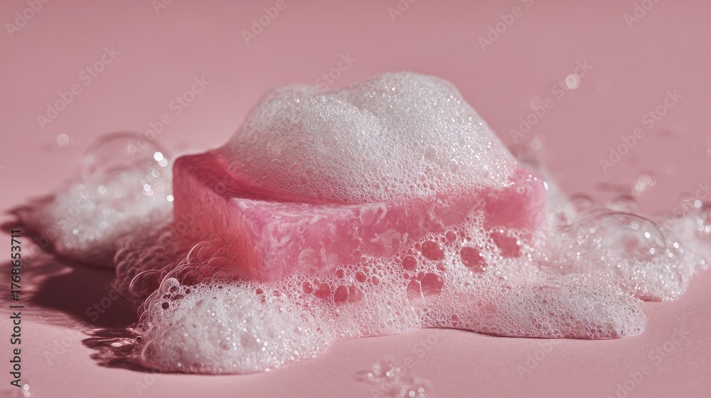 Fototapeta premium A pink soap bar covered in white bubbles rests on a soft pink surface. The scene conveys a clean and fresh aesthetic, ideal for beauty and hygiene themes.