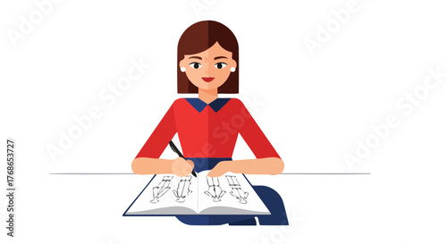 Woman Sketching Fashion Designs In A Notebook With Black Background, Colorful Illustration