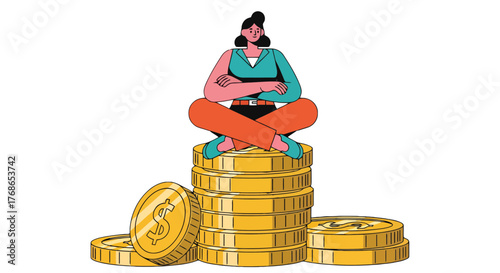 Woman Sitting Atop Pile Of Golden Coins Symbolizing Financial Comfort Successfully