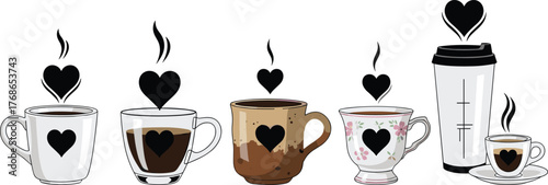 Coffee cup, heart steam, love drink, romantic mug, black and white, emotional beverage, valentine icon, warm design, cafe symbol, cozy art