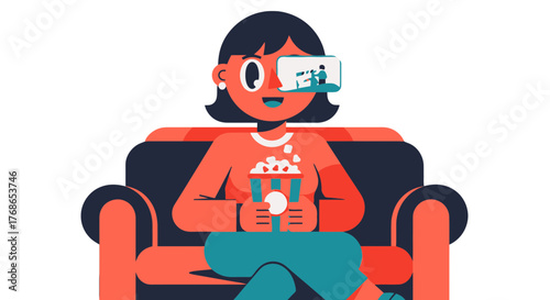 Woman Enjoying Virtual Reality Movie Experience with Popcorn In Comfortable Setting