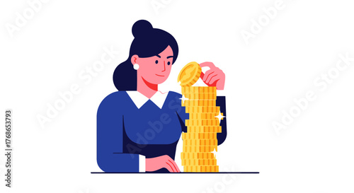 Woman Stacking Coins Represents Financial Strategy And Secure Monetary Investing Today