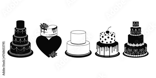 Cake icon set, dessert silhouette, vector illustration, layered design, romantic treat, celebration symbol, black and white art, bakery decor