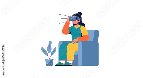 Woman Experiencing Virtual Reality Gameplay While Relaxing At Home Enjoying New Technology