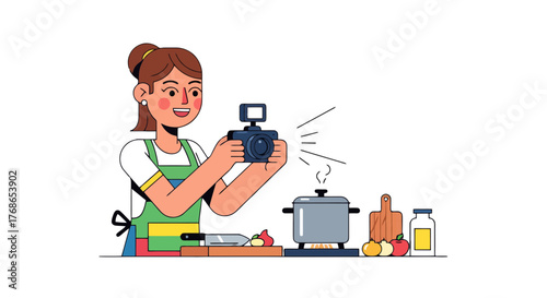 Woman Filming a Cooking Tutorial in a Kitchen, Holding a Camera on Black Background