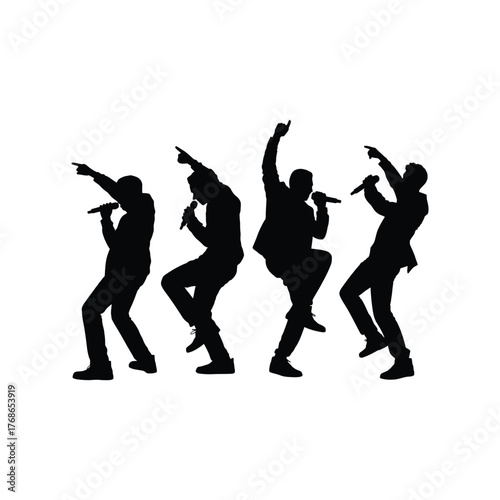 Four Rapper Silhouettes Performing with Microphones Energetically