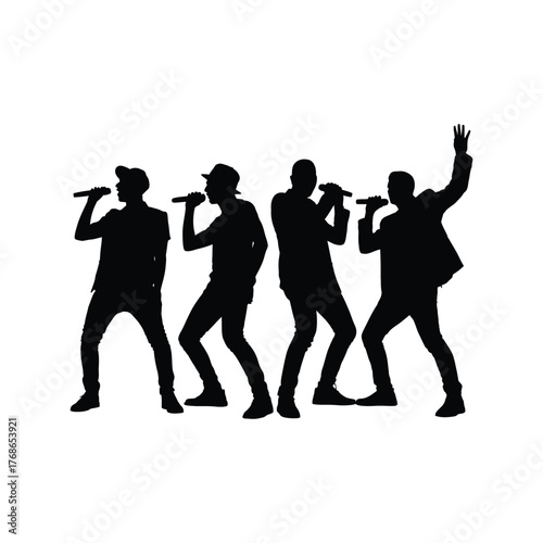 Four Rapper Silhouettes Performing with Microphones Energetically
