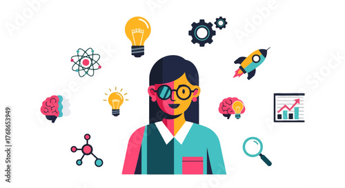 Woman With Glasses Imagines Science, Ideas, And Innovation On Black Background