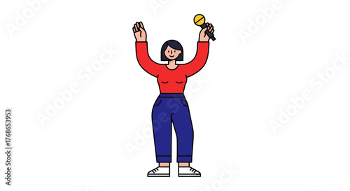 Woman With Microphone Celebrating Success or Victory Against a Dark Background