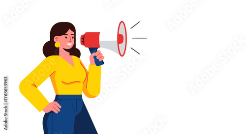 Woman With Megaphone Announcing Something Against a Black Backdrop Illustration