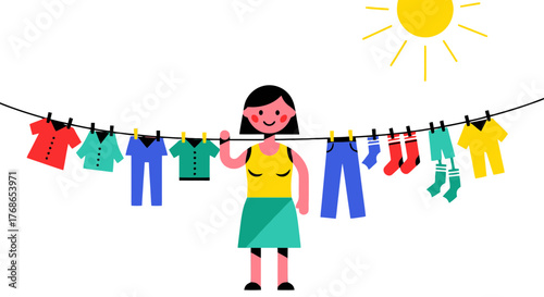 Woman Hanging Colorful Clothes On Clothesline Under The Sun In A Cartoon Image