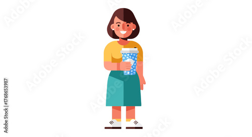 Woman Holding A Coffee Cup In Minimalist Style Isolated On Black Background