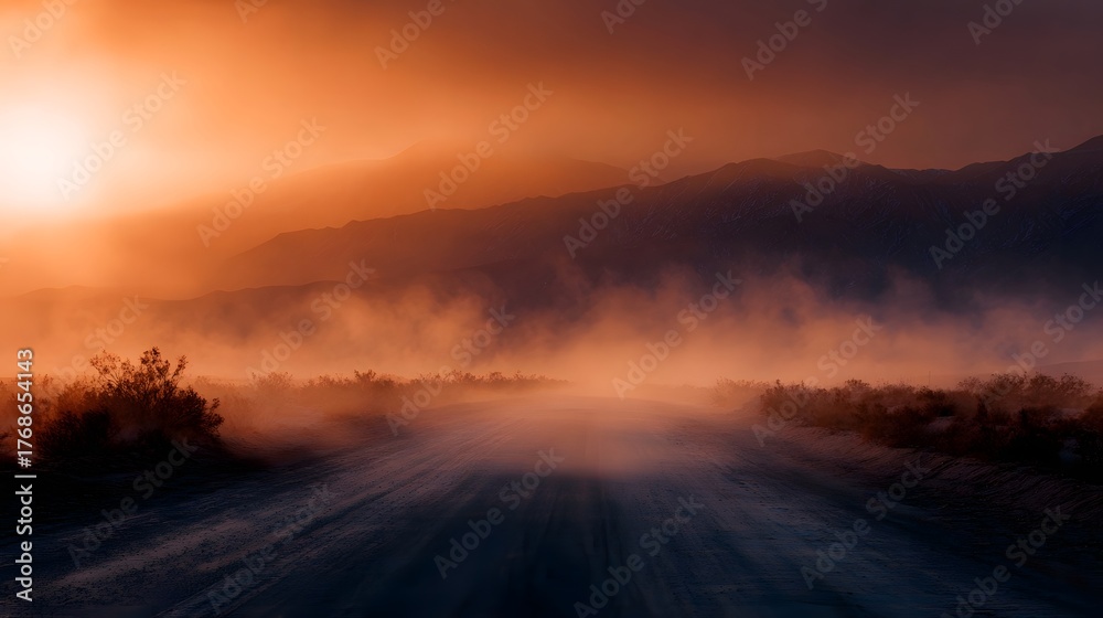 Fototapeta premium A dusty desert road stretches towards misty mountains under a dramatic orange sky creating a surreal atmospheric journey at dawn or dusk