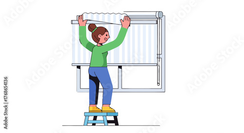 Woman Installing Window Blinds On a Step Stool In Her Home Illustration
