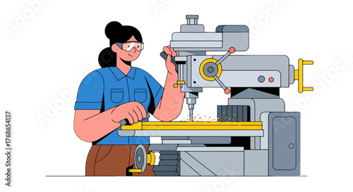 Woman Working On Milling Machine Inside A Bright Animated Industrial Workplace