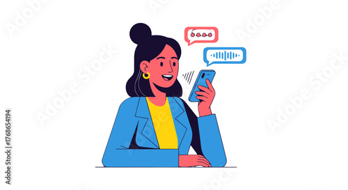 Woman Interacting With Smartphone, Voice Message And Text Bubble Illustrations Over Black.