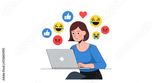 Woman Interacting With Social Media Reactions on her Laptop in a Black Background