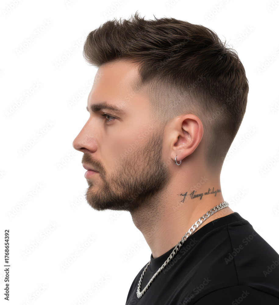 Obraz premium Handsome man portrait showcasing modern hairstyle and trendy silver chain on transparent