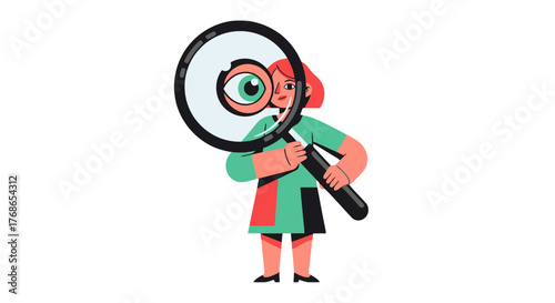 Woman Looking Through Magnifying Glass Illustration On Black Background
