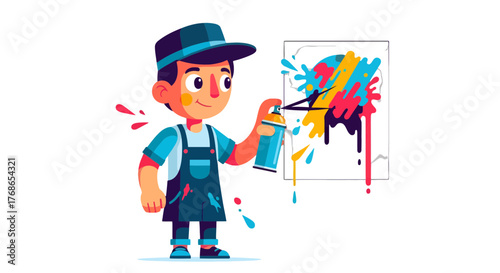 Young Artist Creating Bright Graffiti Artwork With Spray Can on Dark Background